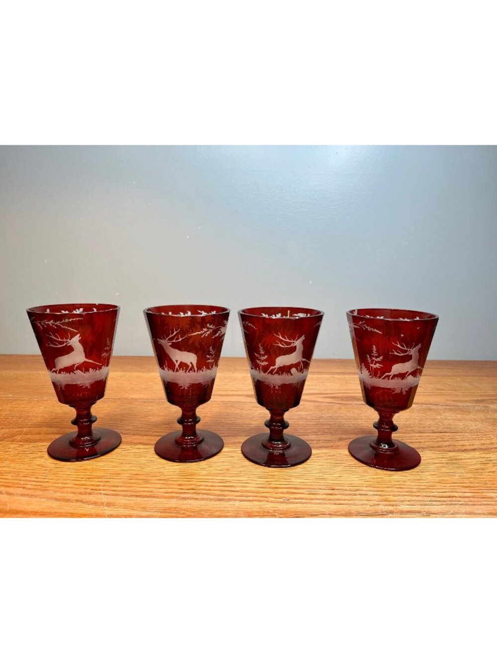 Set of 4 Vintage Egermann Red Bohemian wine goblet/cordial glassware Stag in For